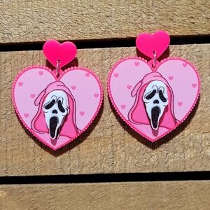 Pink Ghostface Scream Acrylic Heart Earrings